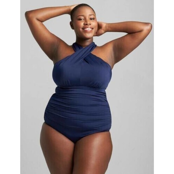 Cacique Swim Womens Blue No-Wire Crossover Neck One Piece Swimsuit plus size 26 - Picture 1 of 5